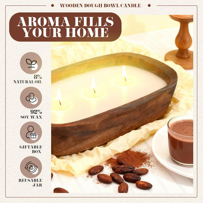 Threlaco 2 Pack Wood Dough Bowl Candle Jar Candle Decorative with Wick Scented Candles Soy Gifts for Men Women Farmhouse Table Centerpiece Home(Hot Cocoa)