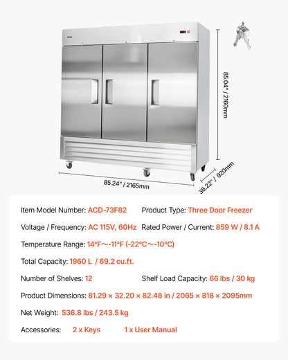 VEVOR Commercial Reach-In Freezer 85" W, 69 Cu.Ft Stainless Steel Upright Freezer with Three Doors, Auto-Defrost, 12 Adjustable Shelves, -11 to 14℉ Temp Control, ETL Certified