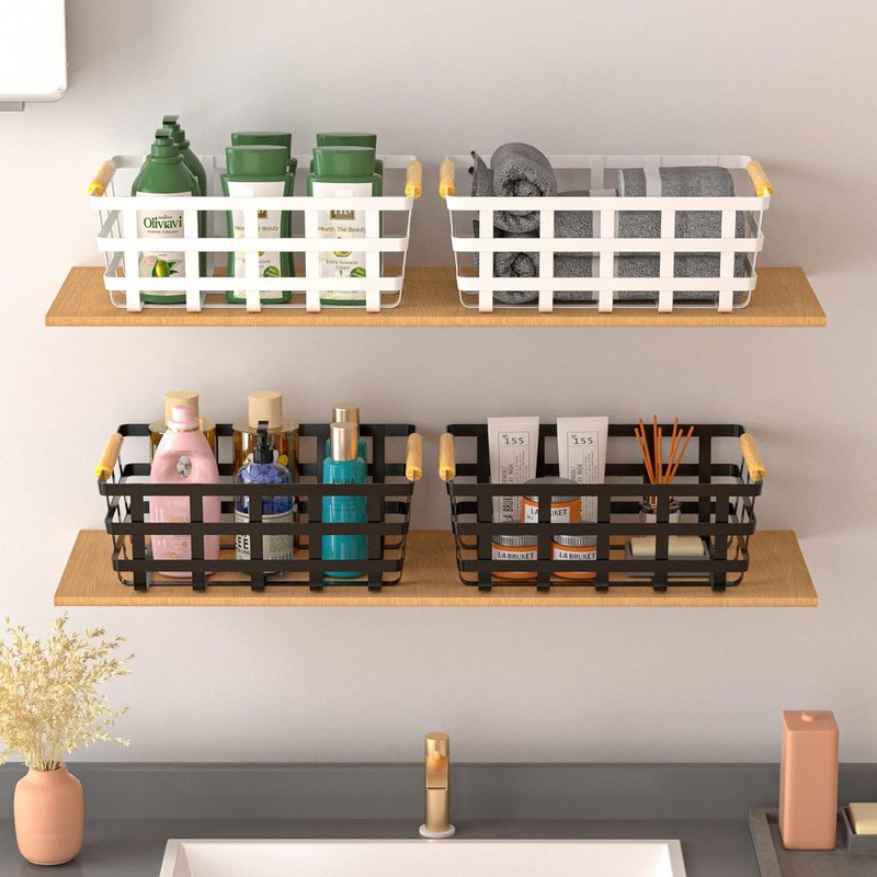 4 Pack Large Metal Storage Baskets, Farmhouse Baskets, Pantry Organizer Baskets with Wood Handle, Metal Baskets Bins for Kitchen Pantry Shelf Cabinets, White