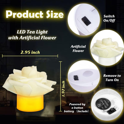 SupBri 12 Pack Led Candles with Artificial Flowers, 200+Hour Battery Operated Tea Lights Candles for Centerpiece Table, Party, Wedding Decorations(White)