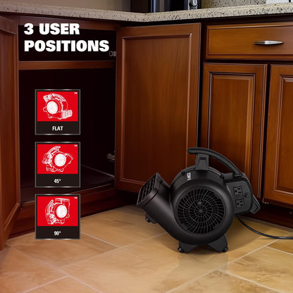 ECOMAX Air Mover, 950 CFM, Floor Fan, Carpet Dryer, Blower Fan, 3-Speed Mode, 3 Blowing Angles, Daisy Chain, Timing Function, for Water Damage Restoration, Flooding, Plumbing, Gym and Home, EMAM1090A