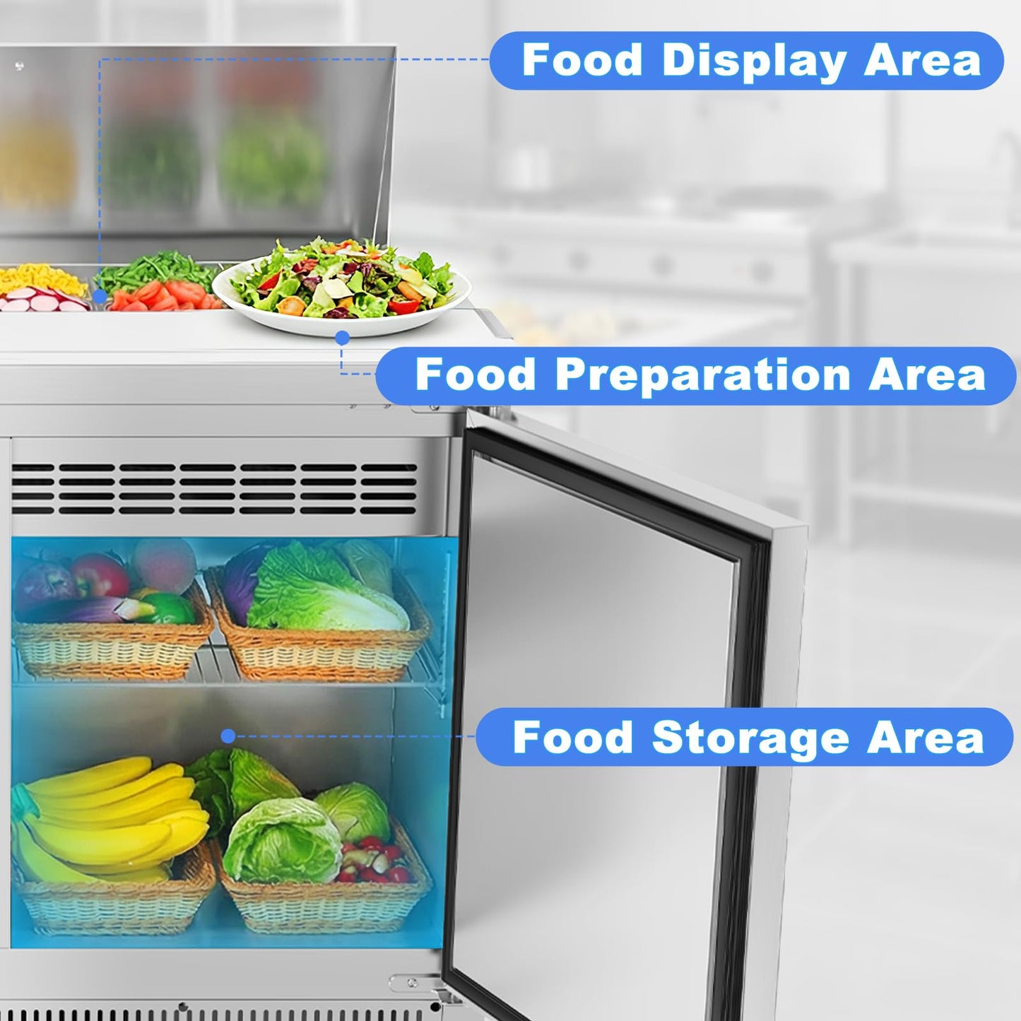 Tylza 48" Commercial Refrigerator, 12.7 Cu.Ft Sandwich Salad Prep Table, Mega Top Worktop Fridge w/ 12 Pans & Cutting Board, 2-Door Stainless Steel Salad Prep Cooler for Restaurant & Food Truck