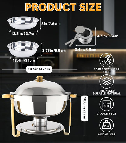 Chafing Dishes for Buffet 4 Pack, 6QT Round Chafing Dish Buffet Set Stainless Steel Buffet Food Warmers Set for Catering Events Party Dinner with Complete Set, Gold and Silver Chafing Dishes for Party