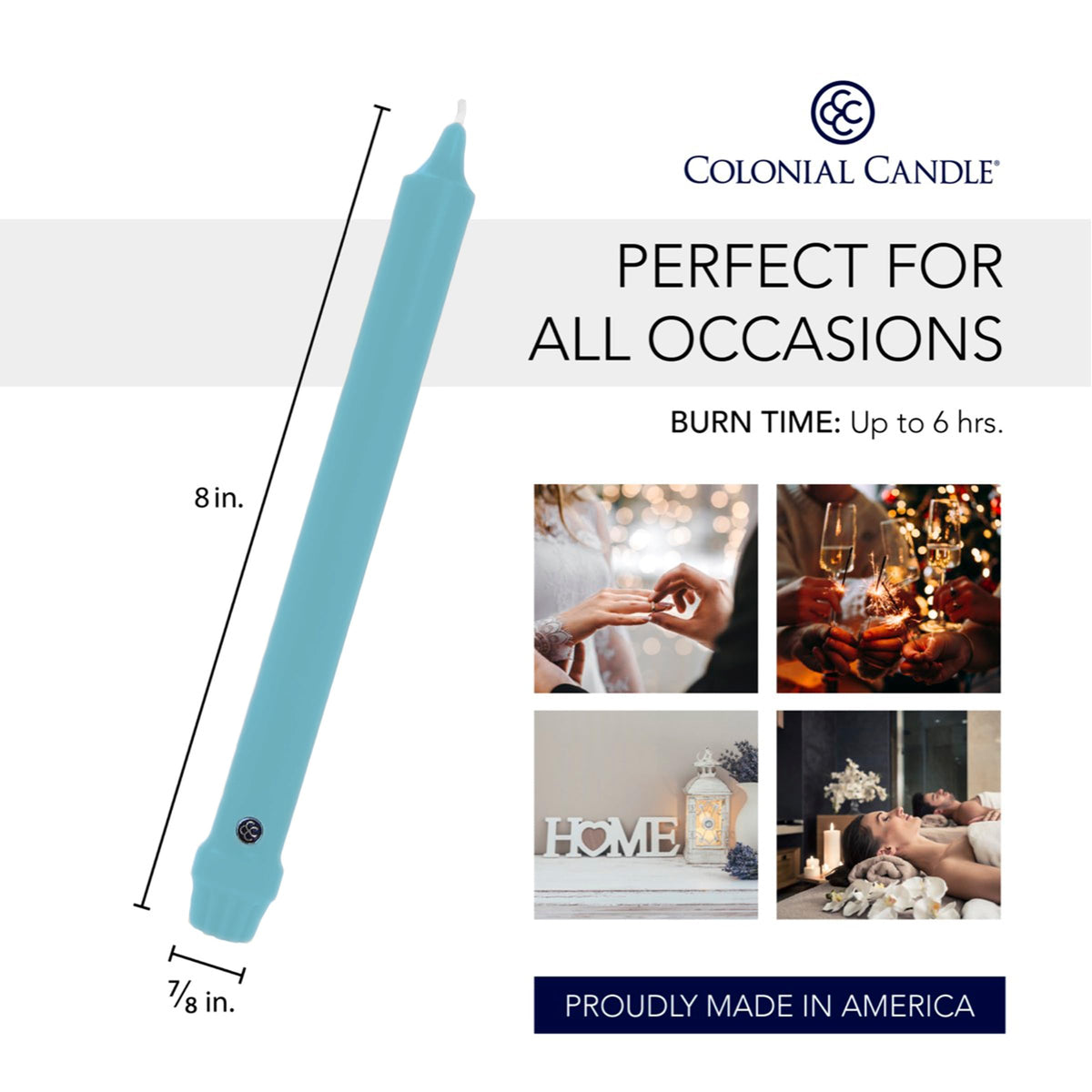Colonial Candle Unscented Taper Candle, Classic Collection, Coastal Blue, 8 in, Pack of 12 - Up to 6 Hours Burn