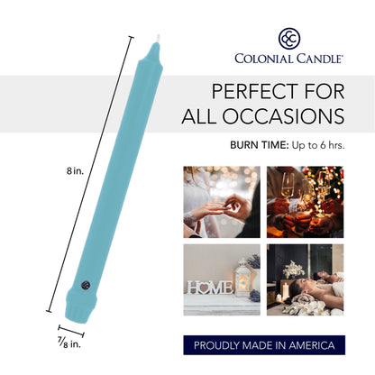 Colonial Candle Unscented Taper Candle, Classic Collection, Coastal Blue, 8 in, Pack of 12 - Up to 6 Hours Burn