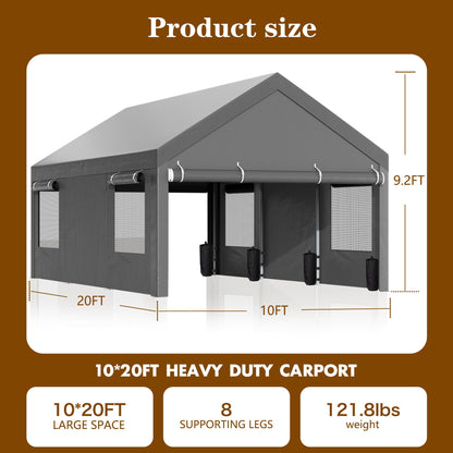 Nuturelly 12x20 FT Carport, Heavy Duty Carport Canopy with Roll-up Windows, Portable Garage with Removable Sidewalls & Doors, Car Canopy with All-Season PE Tarp for Car, Truck, Boat,Gray