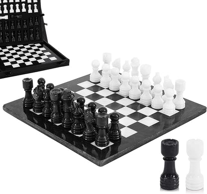 Marble Chess Set for Adults 12 Handmade Black &amp White Board Game with 32 Chess Pieces 2 Extra Queens &amp Storage Box Luxury Travel Game Elegant for Home Decor