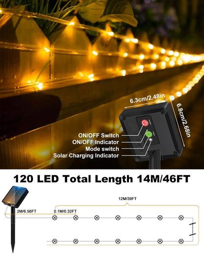btfarm 2 Pack Solar Rope Lights Outdoor, 120LED 46FT Solar String Lights Outside Waterproof, 8 Lighting Modes Solar Powered Strip Light for Garden Tree Christmas Yard Party Wedding Decor, Warm White