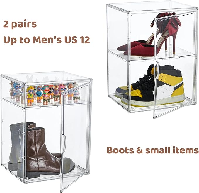 XXX-Large Clear Acrylic Display Case Boot Shoe Storage Boxes With An Adjustable Divider2 Pack 2 Tiers Clear Plastic Stackable Storage Bins With Lids Big Display Acrylic Box With Magnetic Door