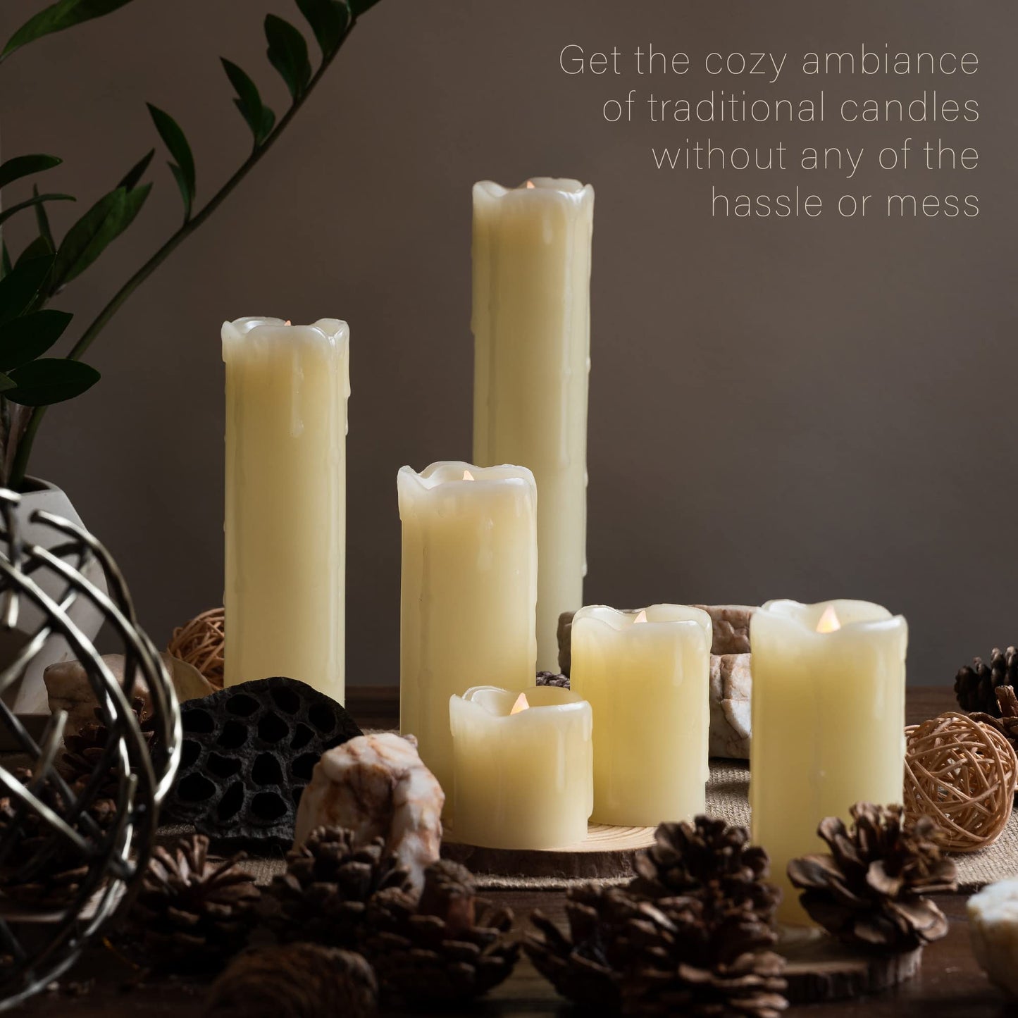 WYZworks LED Flickering Flameless Melting Ivory Timer Candles, Set of 6 Faux Dripping Wax, Battery Operated for Christmas Valentine Halloween Holiday Viking Gothic Decor 2" Wide and 2-9" Tall Pillar