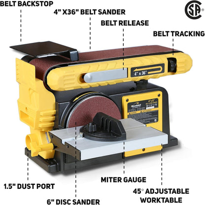 Woodskil 4.5-Amp Belt & Disc Sander Combo, 4x36 in. Belt & 6 in. Disc Sander with 3/4HP Motor, Upgraded Model