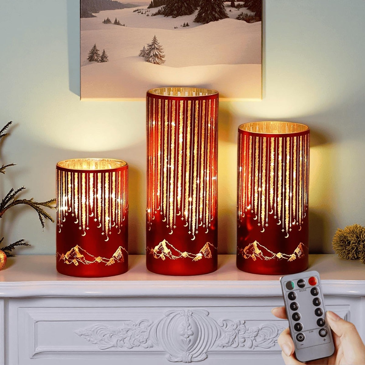 Ashroder Starry Night Elegant Hurricane Candleholders with LED Flickering Lights & Remote Timer, Decorative Glass Hurricanes for Indoor Table Centerpieces & Year-Round Home Decor, Set of 3 (Red)