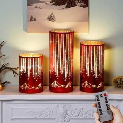 Ashroder Starry Night Elegant Hurricane Candleholders with LED Flickering Lights & Remote Timer, Decorative Glass Hurricanes for Indoor Table Centerpieces & Year-Round Home Decor, Set of 3 (Red)