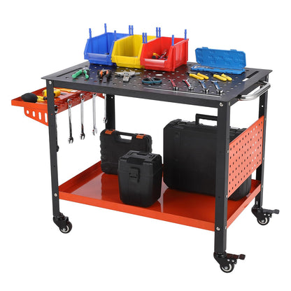 Portable Heavy Duty Welding Table – Steel Workbench Cart, 36"x24" Tabletop with 5/8" Holes, Tool Storage, Wheels & Brakes, Orange, for Shop or Garage