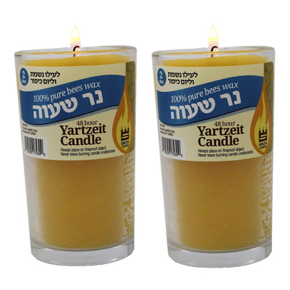 2 Day 100% Pure Beeswax Memorial Candle Burning Time 48 Hour Jewish Yahrtzeit Ner Neshama Yom Kippur in Glass Tumbler Holder [2 Pack] Kosher yizkor Candles