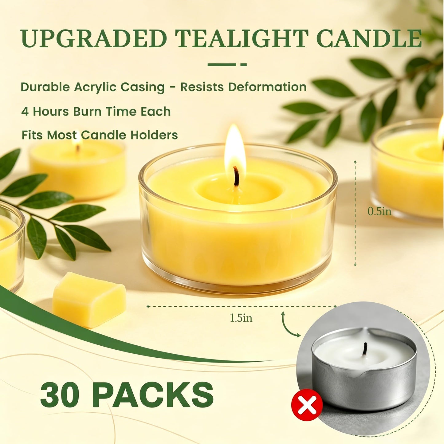 Tealight Citronella Candles Outdoor, 4Hours Soy Wax Tea Lights Candles for Patio, Garden, Yard, Terrace, Camping, Home, Indoor, Party, 30 Pack Acrylic Votive Candles for Weddings, Shabbat, Events