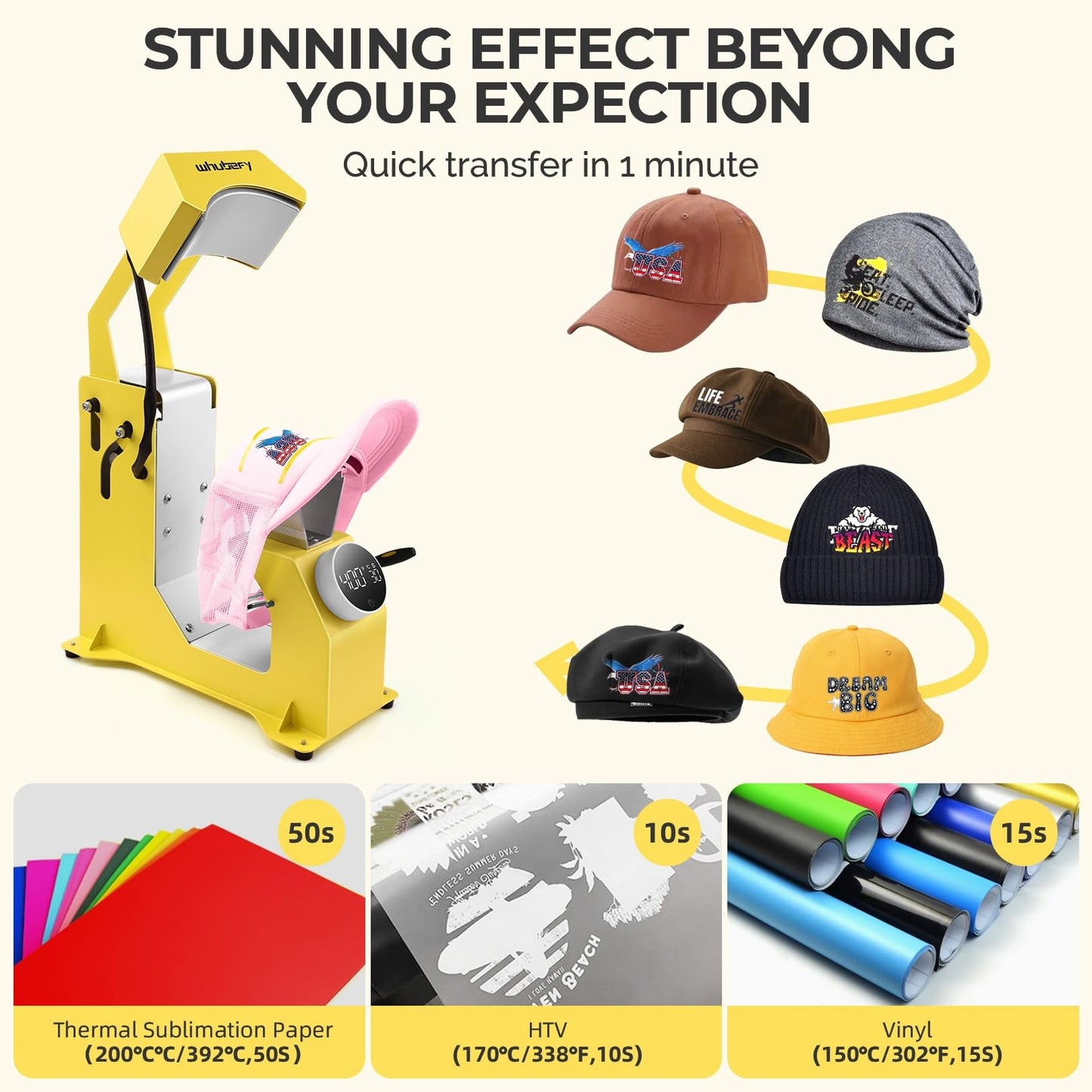 Whubefy 3-in-1 Auto Hat Heat Press Machine for Caps w/3pcs Interchangeable Platens, Automatic Release & Press, Knob-Style Digital Control for Hats T-Shirts Bags HTV and Sublimation Projects