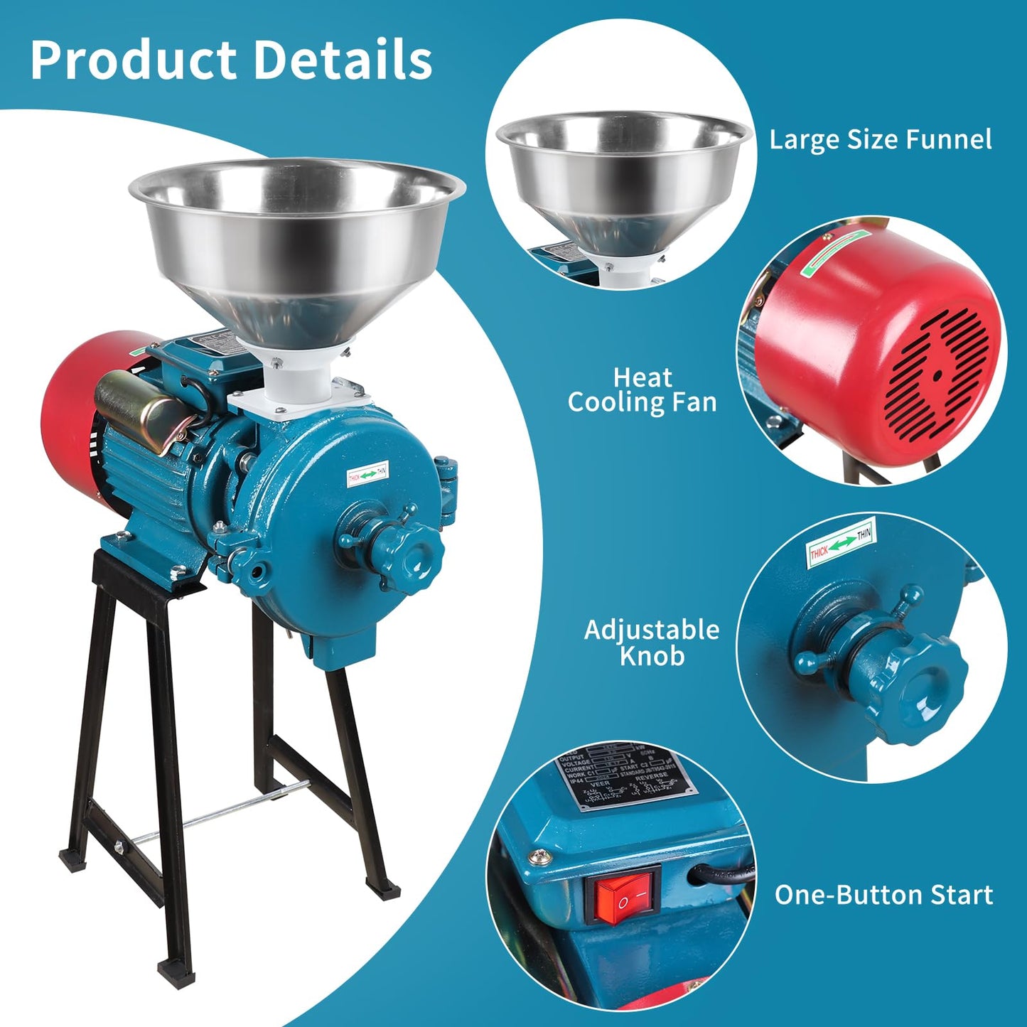 Snowtaros Electric Grain Mill Grinder 3000W 110V, Commercial Corn Grinder with Funnel, Dry Feed Grain Mill Machine, Thickness Adjustable, Powder Grinder for Grain Corn Rice Herbs Pepper (Dry Use)