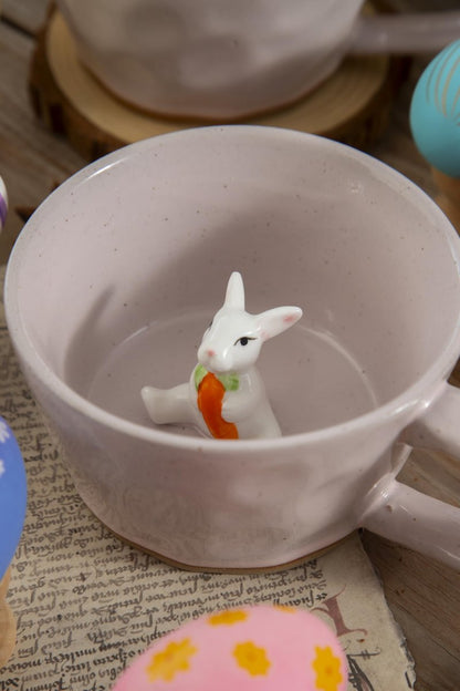 DIHOclub Farmhouse Ceramic Coffee Mug with Rabbit Figurine – Rustic Stoneware Cup, Matte Finish, Ideal for Breakfast & Home Decor (Pink Rabbit)