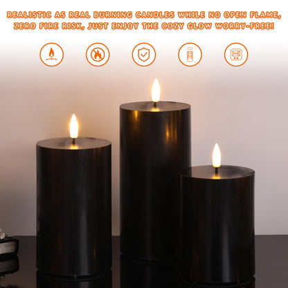 Girimax Black Flameless Pillar Candles with Remote, Flickering LED Wax Candles Battery Operated Set of 3