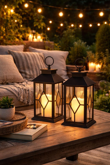 Decorative Black Lanterns Set of 2 with LED Flameless Candles, Remote & 4 Hour Timer, Indoor Outdoor Lantern Decor, Hanging or Tabletop Lighting, 13 Inch Tall