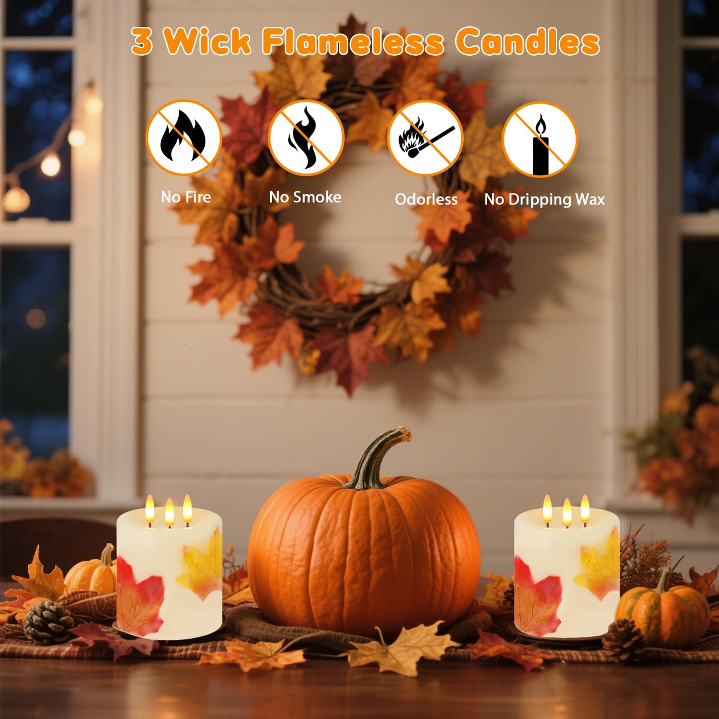 Large 3 Wick Flameless Candles, 4"x4" Flickering Maple Leaves LED Candles with Remote & Timer, Real Wax Electric Pillar Candles Battery Operated, Fall Candles for Thanksgiving Harvest Autumn Decor