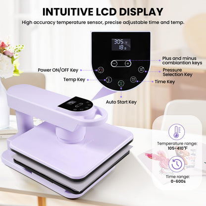 Whubefy Dual Auto Heat Press Machine 15x15, 360° Swing Away Smart T-Shirt Printing W/Auto Release & Auto-Off, Adjustable Pressure & Higher Heating Height for HTV, Sublimation, Heat Transfer Projects