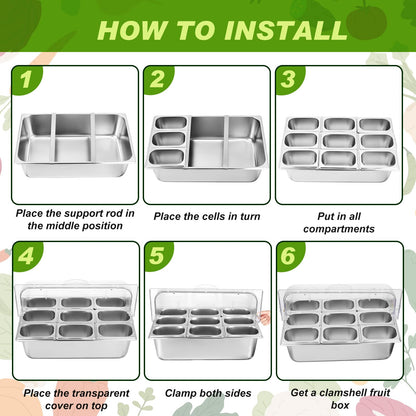 Condiment Tray Stainless Steel Serving Display Set with Lid for Buffet Restaurant Kitchen, Food Chilled Container for Salad Fruit Condiments, Keeps Food Fresh with Ice Box(9 Compartments)