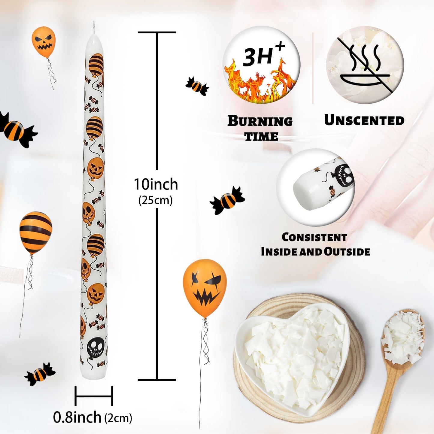 Floral Taper Candles 10 Inch Tall Unscented Handmade Pumpkin Balloon Print Long Burning Elegant Candlesticks for Halloween Decor Gifts