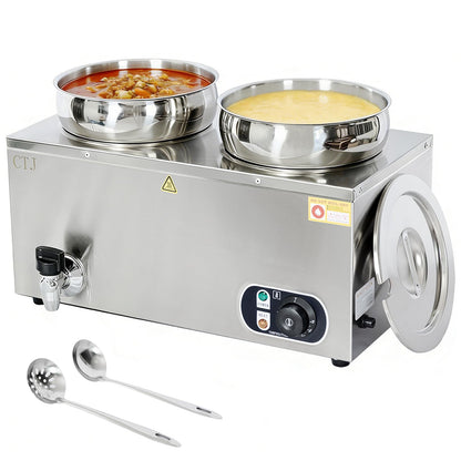 CTJ Electric Soup Warmer Two 7.4QT Nacho Cheese Warmer 304 Stainless Steel Commercial Food Warmer 86°F~185°F Adjustable, with Drain Faucet, Steam Table for Catering Restaurant Buffet