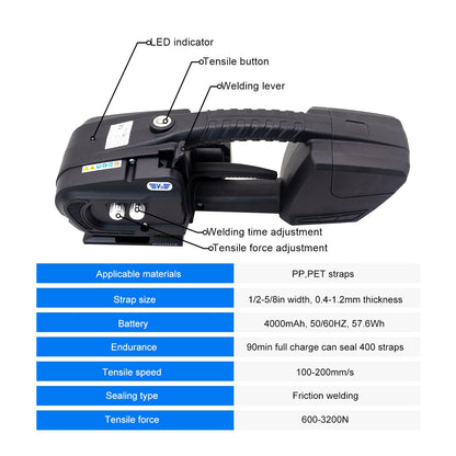 CAPTOK Electric Strapping Machine 2 * 4000mAh Battery Automatic Hot Melting Banding Tools for 1/2 to 5/8inch PP/PET Bander Packaging Tensioner