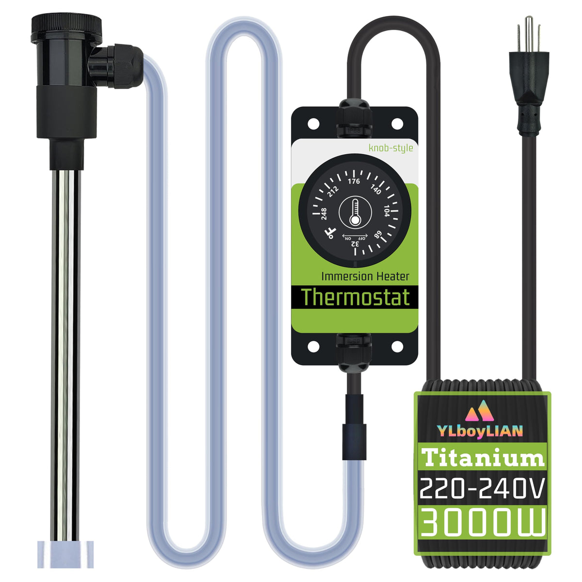 YLboyLIAN 3000W 240V Titanium Submersible Water Heater for Pool, Pond, Hot Tub, Above Ground/inground Pool, Spa, Bathtub & Baptismal – Portable Electric Immersion Heater with Knob-Style Thermostat