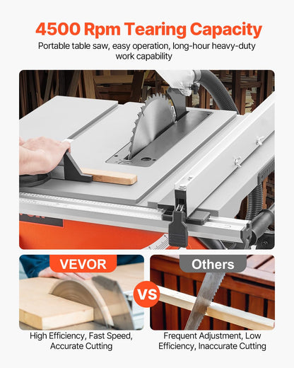 VEVOR Table Saw, 4500 RPM Portable Jobsite Table Saw with Sharp Edges & High Cutting Precision, Compact Table Saws with Dust Port For Woodworking, Fit for Raw Wood, Flooring & Cabinets