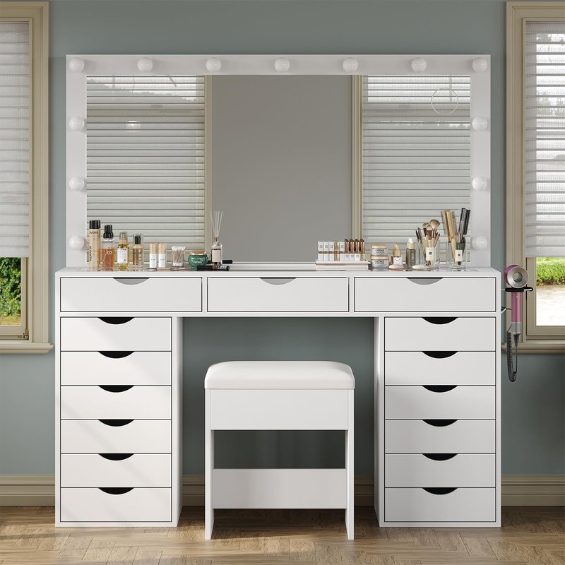 Yanosaku Vanity Desk with Mirror and Lights, Makeup Table with Charging Station, 3 Color Lighting Modes, 15 Drawers Dressing Table, Vanity with Chair for Bedroom, White
