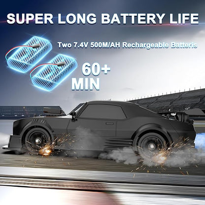 Remote Control Car RC Drift Car 1:16 Scale 4WD 18KM/H High Speed Model Vehicle 2.4GHz with LED Lights Spray Rubber Tire Racing Sport Toy for Adults Boys Girls Kids Gift 2Pcs Rechargeable Batteries