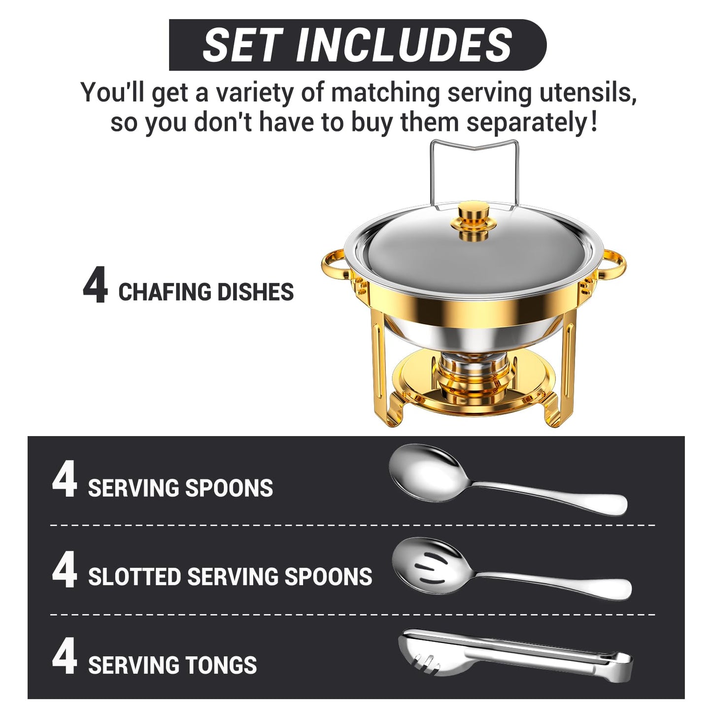 Keyoxy Round Chafing Dishes for Buffet 5 Qt,High Grade Chafing Dish Buffet Set, Full Size Pan,Rolled-Edge Design Food Warmers for Parties,Buffet,Wedding,Birthday,Camping 4 PACK (Gold)