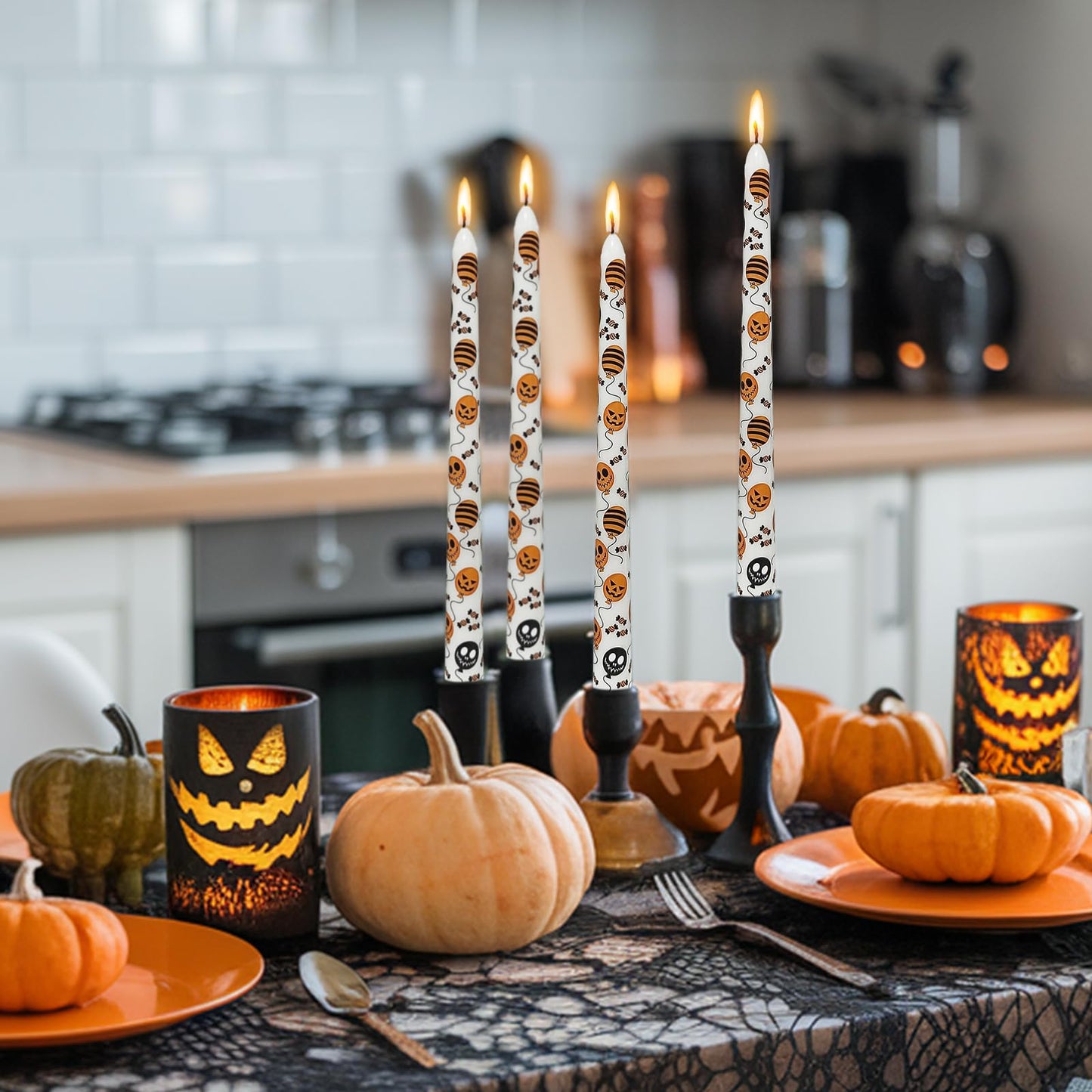 Floral Taper Candles 10 Inch Tall Unscented Handmade Pumpkin Balloon Print Long Burning Elegant Candlesticks for Halloween Decor Gifts