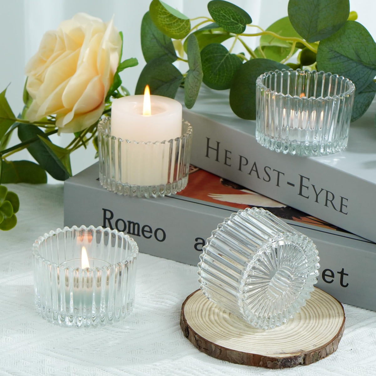 Jollyhilan 6 Pack Glass Candle Holder,Round Glass Candle Tray Ribbed Tealight Holders for Votives, Floating Candles Table Centerpieces Wedding Home Decor,Clear