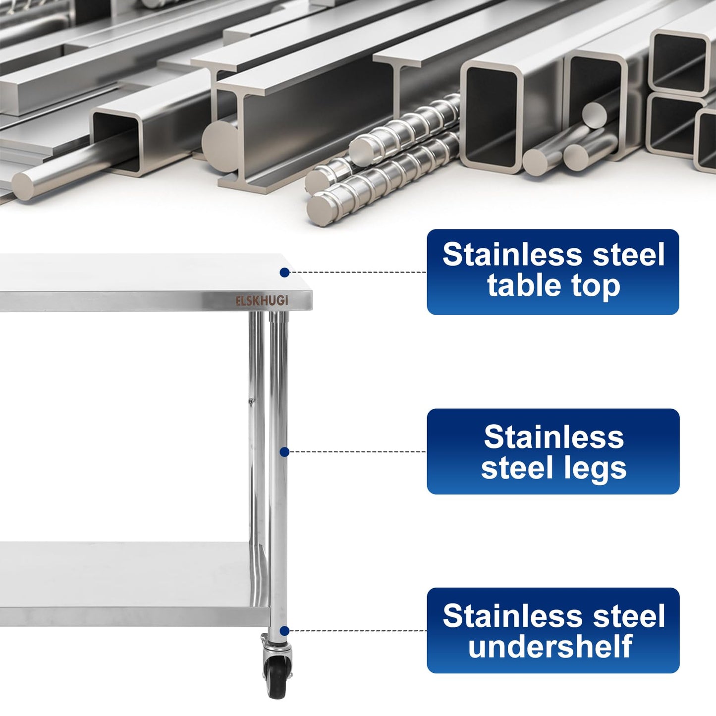ELSKHUGI Stainless Steel Table for Prep & Work 36 x 24 Inches with Caster Wheels,Commercial Heavy Duty Metal Table with Undershelf for Home,Restaurant and Hotel Kitchen (36" x 24")