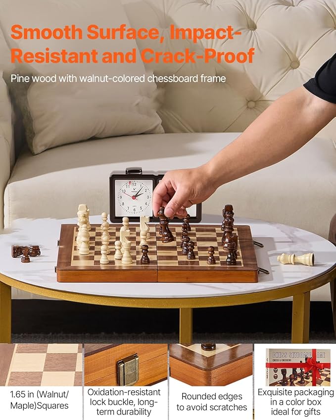 VEVOR 15-inch Magnetic Wooden Chess Set 2-in-1 Folding Chess and Checkers Game for Adults and Kids Portable Travel Chess Set with 2 Queens Ideal for Tournaments Professionals and Beginners