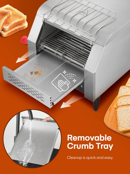 Commercial Conveyor Toaster, 350 Slices/Hour Electric Stainless Heavy Duty Restaurant Toaster, with Dual Heating Tube, 7 Browning Levels, for Bagel, Restaurant, Bakery Cafe, Silver