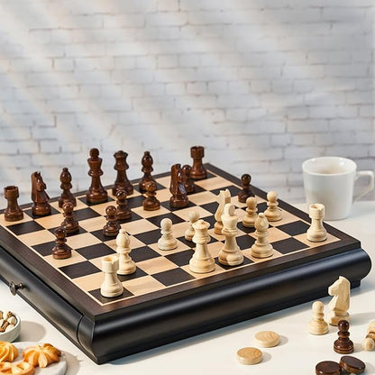 VAMSLOVE Wooden Chess Checkers Game Set 15.5 Large Size Board w/Storage Drawers Weighted Chess Pieces - 2 Extra Queens 3 King Gift for Birthday Housewarming Retirement - Black
