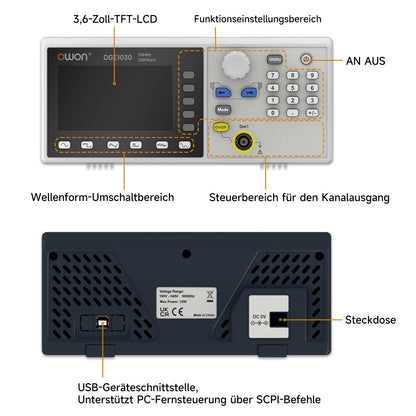OWON Waveform Generator,30MHz Bandwidth, 125MSa/s Sampling Rate, 14 bits Vertical Resolution, 8K Waveform Length,5 Basic Waveforms, and 160 built-in Arbitrary Waveforms, with 3.6IN LCD Display DGE1030