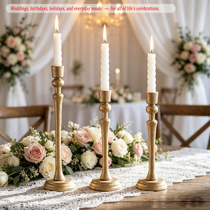 Wenbery Gold Candlestick Holders Set of 3, Heavy Cast Iron Candle Holder for Table Centerpiece, Antique Brass Finish