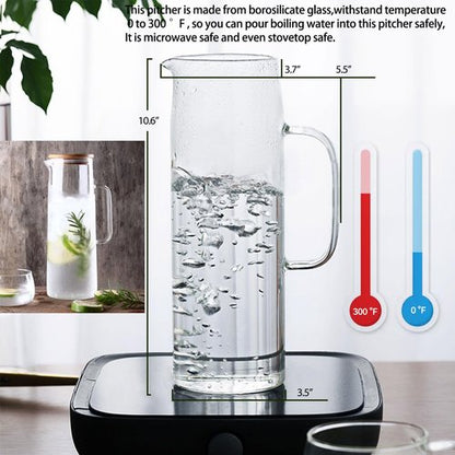 hjn Glass Pitcher with Lid Glass Water Carafe with Handle, Fridge Water Jug Cold or Hot Beverages, Iced Tea, Milk, Juice 1500ml/51oz &