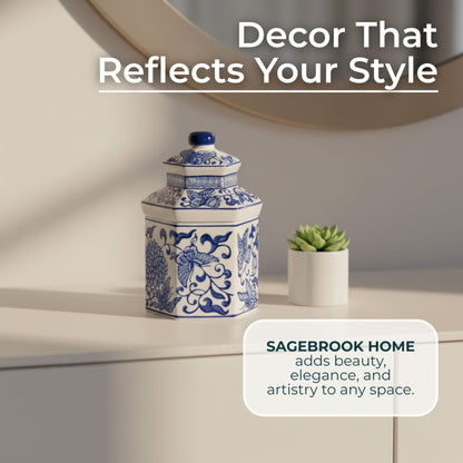 Sandalwood Scented Candle with Lid for Men and Women - Ceramic Chinoiserie Candle with Lid for Living Room, Bedroom, and Bathroom - Decorative Accent for Indoor and Outdoor - 7", Blue & White