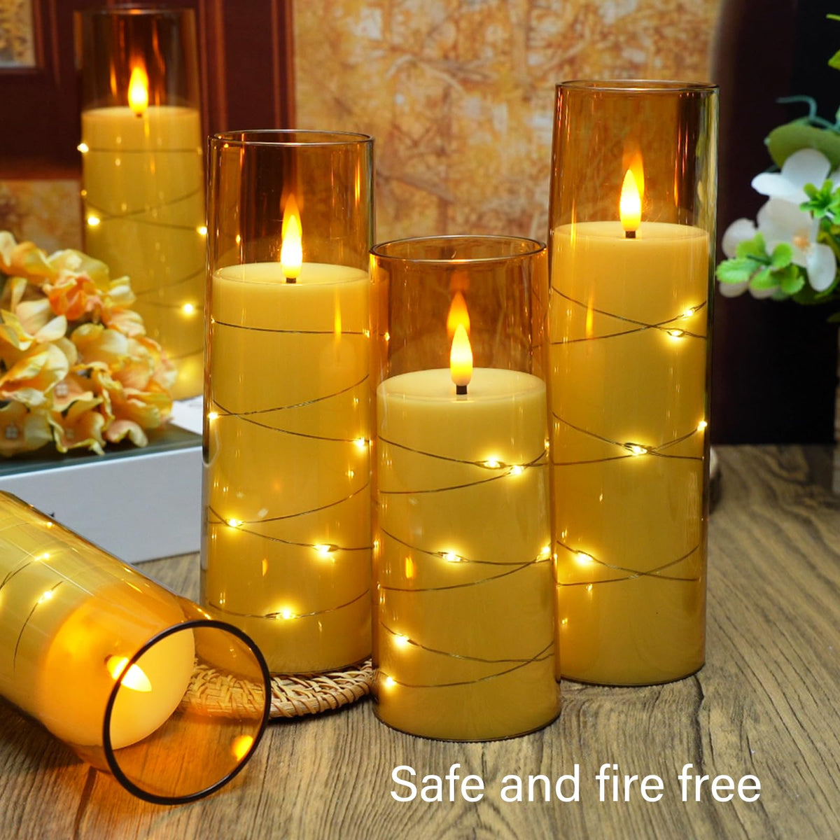 kakoya Flameless LED Candles with Timer 9 Pc Flickering Flameless Candles for Romantic Ambiance and Home Decoration Stable Acrylic Shell,with Embedded Star String，Battery Operated Candles（Gold）