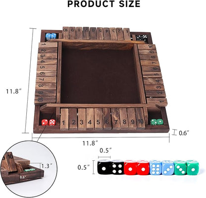GSE Games &amp Sports Expert 1-4 Player Wooden Shut The Box Dice Board Game with 8 Dice. 4-Way 10 Numbered Shut The Box Set of Popular English Pub Board Game - Walnut