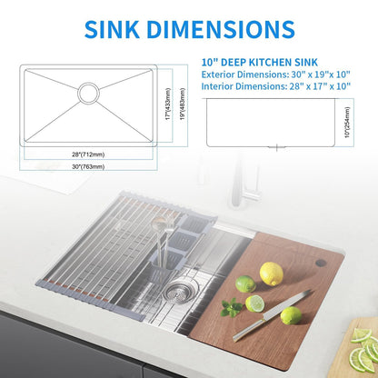 SANYCASA 30 Inch Undermount Kitchen Sink Superior Drain Kitchen Sinks 11 Gauge (3mm) Stainless Steel, Single Bowl Integrated Ledge Multifunctional Workstation Set -