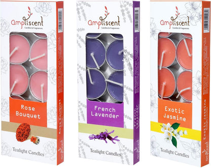 Ampliscent TeaLights Candles I Rose + French Lavender + Jasmine I Pack of 3-30 Premium Tealights I Long-Lasting Aroma | Scented Wax Tealights for Home Decor, Meditation, Christmas & Holiday Gifts